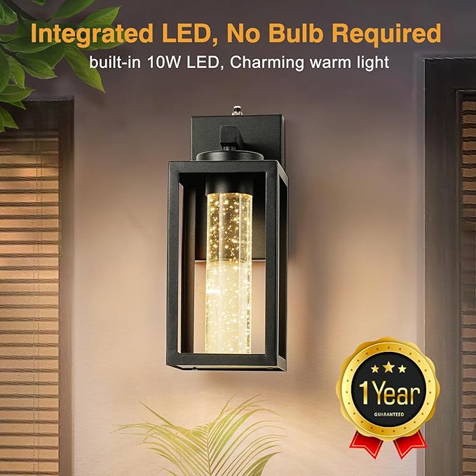 VIANIS 2 Pack Exterior Garage Lighting Fixtures Wall Mount, Modern Black Outdoor Porch Lights for House with Crystal Bubble Glass, 100% Aluminum Built-in 10W LED Outdoor Wall Sconce Lights Lantern