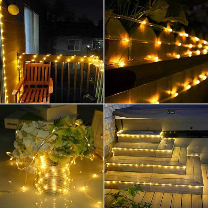 Solar Rope Lights, 2 Pack Total 66ft 200LED Solar String Lights, 8 Modes Waterproof Solar Outdoor Light, Flexible Clear Trampoline Light for Garden Yard Patio Deck Porch Pool Tree Decor - Warm White