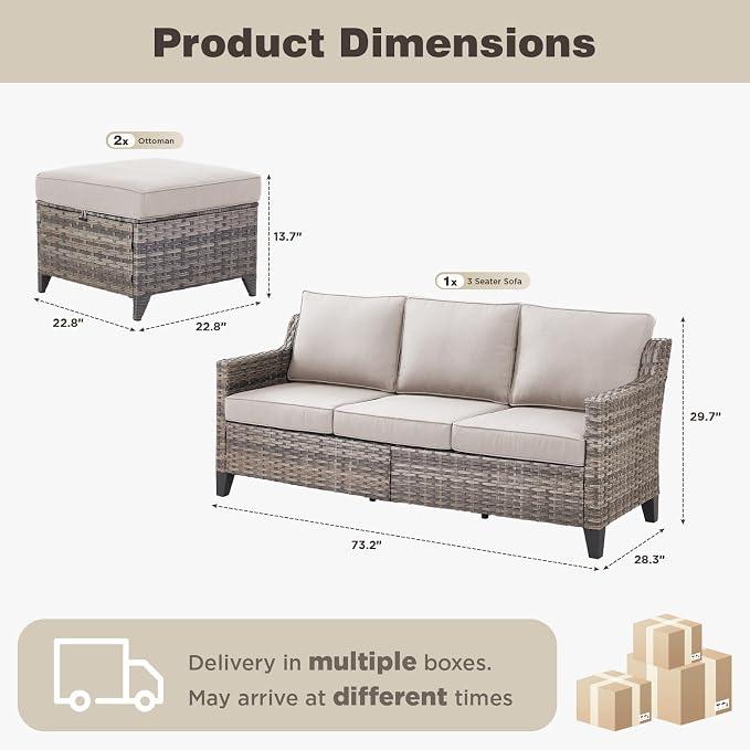Belord Luxury Outdoor High Back Couch with Ottoman, All-Weather Wicker 3-Seater Sofa, 3 Piece Patio Conversation Furniture Set,Beige