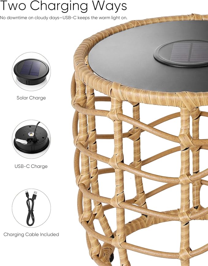 PARTPHONER Boho Solar Outdoor Side Table with Built-in Lights Set of 2, All-Weather Wicker Nesting Tables, Round Waterproof Accent End Table Design for Patio, Porch, Garden & Balcony, Natural Brown