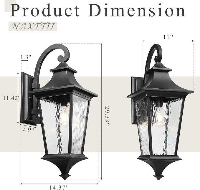 Black Outdoor Wall Light 29.3 Inch Large Aluminum Exterior Lighting Fixtures with Water Ripple Glass Waterproof Porch Lights Outdoor for Patio Doorway E26 Socket