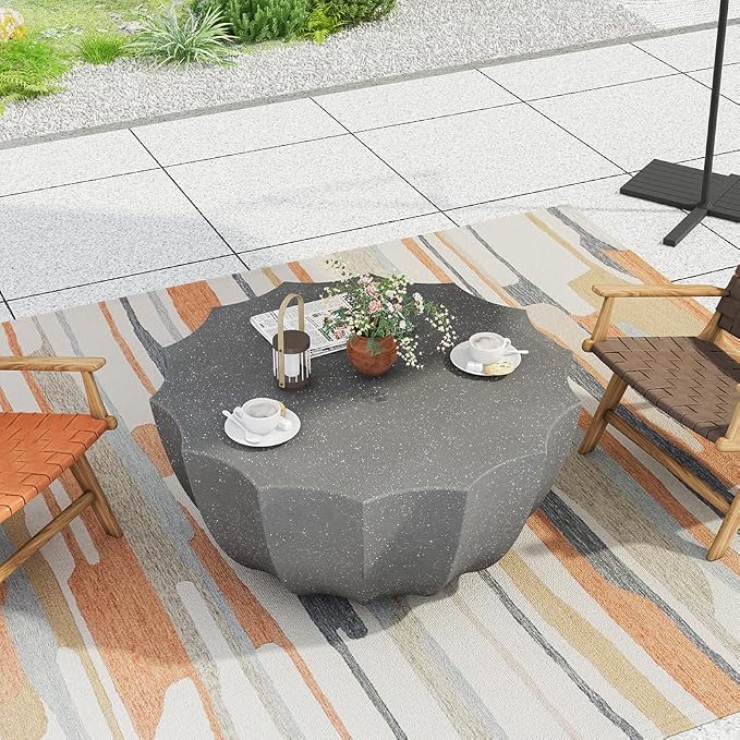 35.43" Faux Stone Coffee Table Round for Indoor or Outdoor Concrete Coffee Tables MgO Cement Center Tables for Living Room Patio Garden Backyard Balcony, Waterproof, Dark Grey Bowl