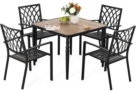 NUU GARDEN 5-Piece Outdoor Dining Set, 4 Stackable Chairs & 37" Square Table with Umbrella Hole and Faux Wood Tabletop, Weather-Resistant Furniture for Patio Deck Yard Garden, Black