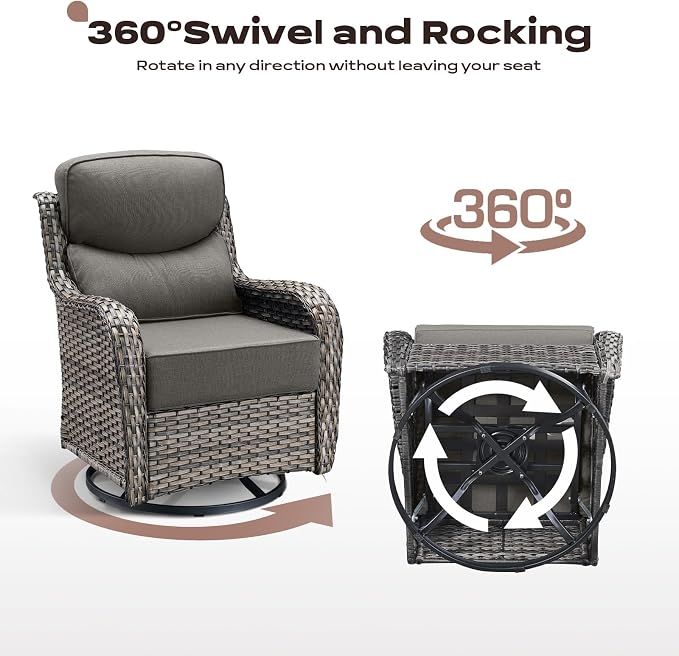 Rilyson Wicker Outdoor Patio Furniture Set - 6 Piece Patio Conversation Sets with Swivel Rocker Chairs, Ottomans, Sofa and Coffee Table, 6 inch Cushions, Deep Seating, for Porch Deck Mixed Grey/Grey