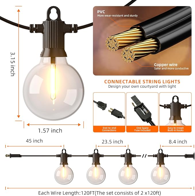 Kawaya G40 Outdoor String Lights 240FT IP65 Waterproof 2700K Patio Light | IP65 120+4 Shatterproof Edison Globe Blubs,2700K Warm White for Garden Porch Fence Camping Party Backyard Deck Bistro Balcony