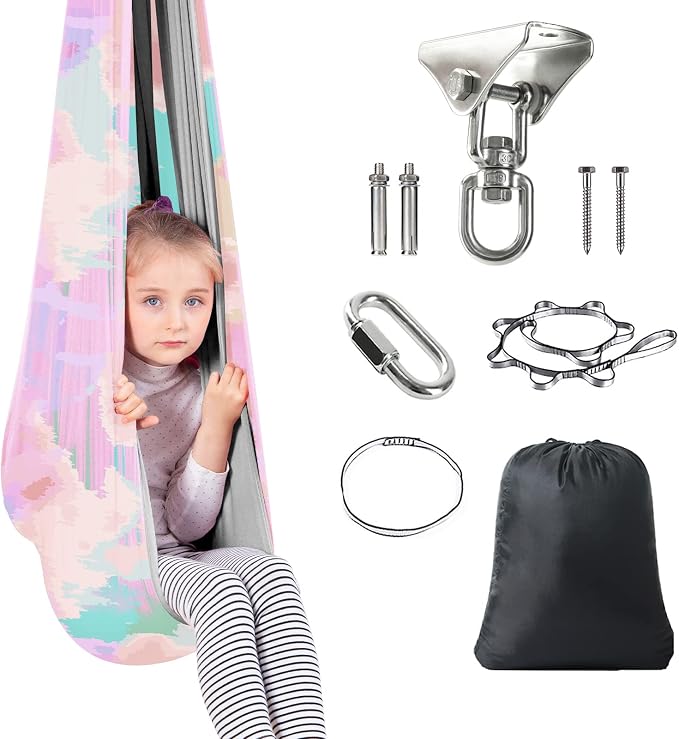 Therapy Swing Hammock Kids Cuddle Sensory Swing Indoor Therapeutic Hammock 360° Rotating Double Layer Elastic Rocking Cloth Swing Gifts for Children with ADHD SPD Asperger Autism (Rainbow+Grey)
