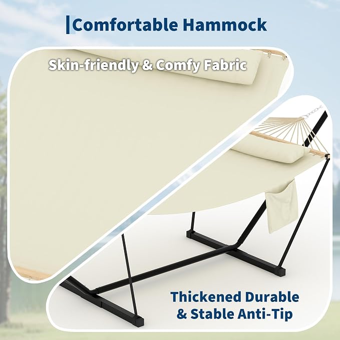 2-Person Hammock with Stand for Outside - Portable Heavy Duty Outdoor Double Hammock - Adjustable Steel Frame, 500 LBS Capacity, for Patio Garden Backyard & Beach