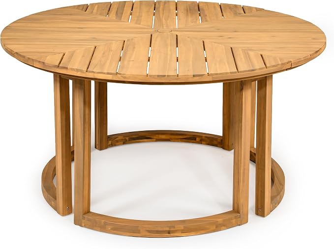7-Piece Patio Dining Table Set for 6, 59" Round Wooden Table with 1.96" Umbrella Hole, Outdoor Furniture with Removable Beige Cushions, Mocha Finish, for Garden Backyard Poolside (Light Teak1)