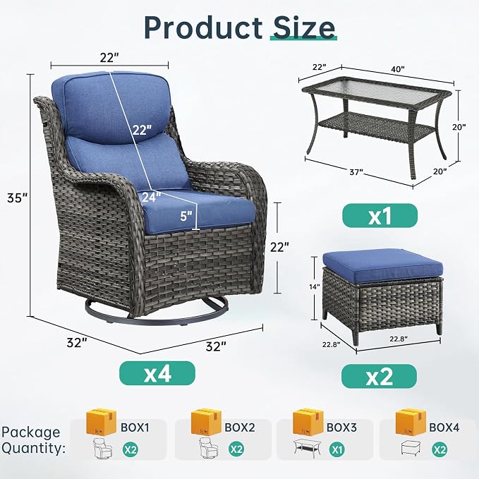 Outdoor Swivel Rocker Patio Chairs Set of 4 with Coffee Table - 5" Thick Cushion 7 Piece Furniture Set All Weather Comfortable Wicker Conversation Set for Porch Deck - Gray/Blue