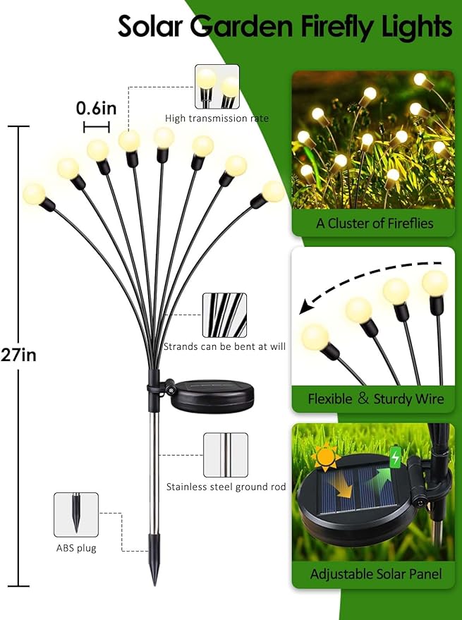 8 Pack Solar Garden Lights, 64 LED Firefly Lights Solar Outdoor Waterproof | 2 Lighting Modes, Sway with Wind, Solar lights Outdoor for Garden Yard Patio Pathway Holiday Decorations, Warm White