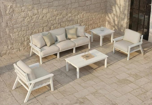 7 Piece Patio Conversation Sets, Outdoor Couch with Washable Thick Beige Cushions, HDPE Patio Furniture Set, Outdoor Sectional Furniture for Backyard, Deck, Lawn, Porch (White Frame)