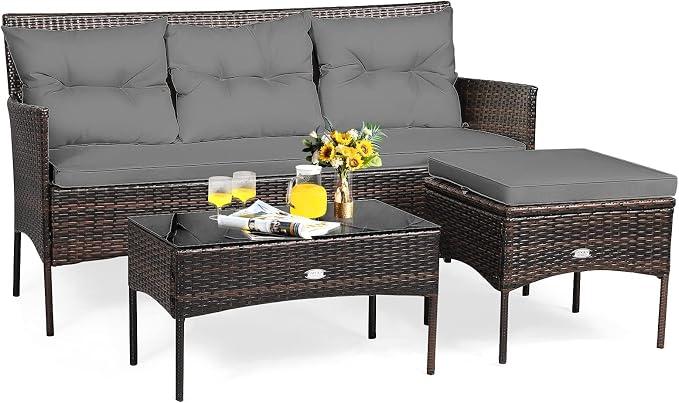 HAPPYGRILL 3 Pieces Patio Furniture Set Outdoor Rattan Conversation Set with Coffee Table, Seat & Back Cushions, Sectional Sofa Set for Poolside Balcony Backyard