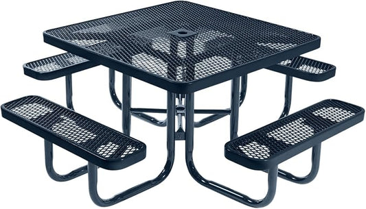 COATEDOUTDOORFURNITURE Heavy-Duty Portable Outdoor Picnic Table with Umbrella Hole, Expanded Metal Commercial-Grade Patio Furniture Made in America (46" Square Top, Dark Blue with Dark Blue Frames)