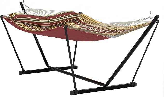 Double Hammock with Stand for Outdoor Use – 2-Person Portable Hammock with Curved Spreader Bar & Balance Ropes, Heavy Duty 450 LBS Capacity for Backyard, Patio & Camping, Red