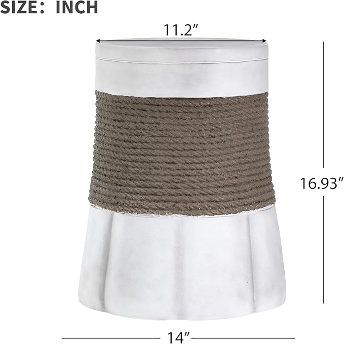 Round Outdoor Side Table MGO Concrete End Table with Brown Woven Rope Decor & Fan-Shaped Base, Fully Assembled Patio Accent Table for Balcony, Living Room, Garden, Light Gray
