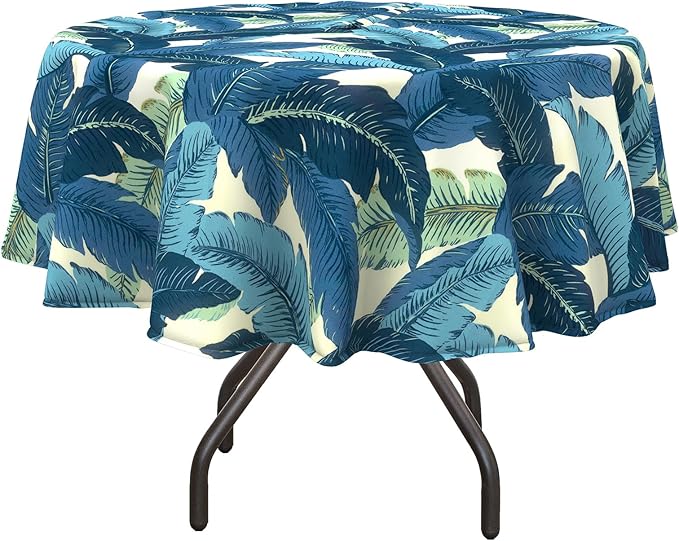 DYTXIII Outdoor Round Tablecloth with Umbrella Hole 60 Inch, Water Repellent & Fade Resistant Table Cover, All Weather Outdoor Tablecloth for Garden & Party Table, Palms Blue