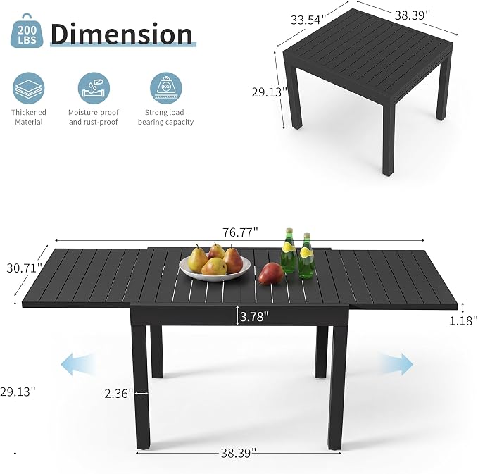 Expandable Patio Dining Table for 4-8 Person, Aluminum Extendable Outdoor Table, 38"-77" Adjustable Patio Table, Square/Rectangular Outdoor Accent Table for Garden, Backyard, Poolside, Black