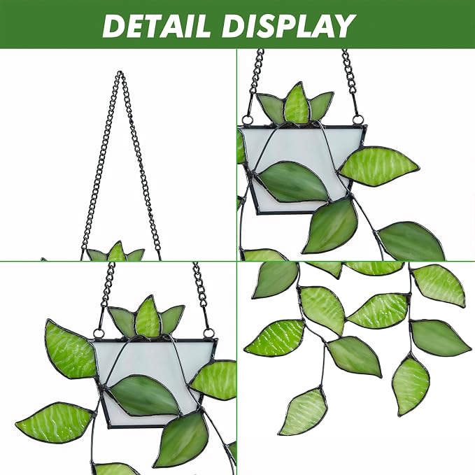 Stained Glass Window Hanging, Green Leaf Plant Suncatcher Decor | Rswardeleco Stained Glass Window Hanging, Green Leaf Plant Suncatcher with Chain, Home Wall Art Decor, Gift for Plant Lovers