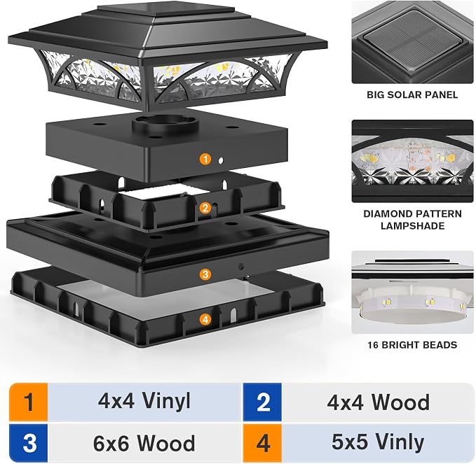 APONUO Solar Post Cap Lights 6 Pack - 4x4 5x5 6x6 Fence Post Lights, Auto On/Off, Waterproof IP64, 2-Mode (Warm/Cool White), Deck Patio Yard Solar Light for Wood & Vinyl Posts, Black