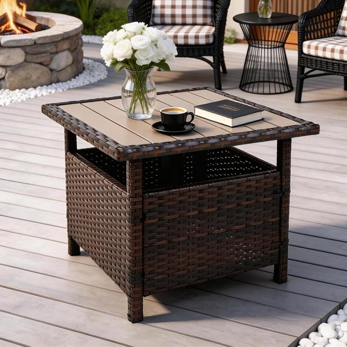 Sundale Outdoor Umbrella Stand with 2 Weight Bags, Patio 22 in Wicker Side Table with Umbrella Hole, All Weather Small Rattan Umbrella Base for Deck Yard Poolside Porch, Brown