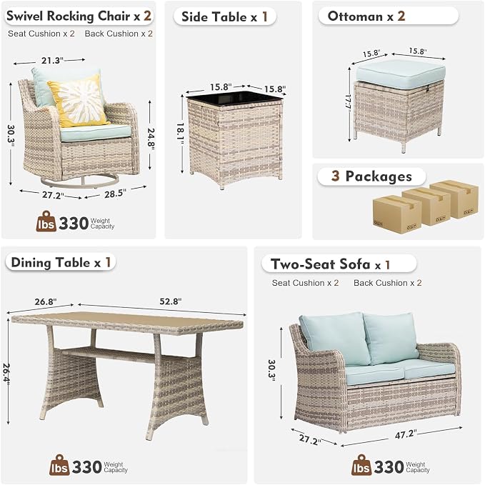 MEISSALIVVE 7 Pieces Outdoor Patio Furniture Set with Swivel Chairs, Wicker Patio Conversation Set, Patio Sectional Furniture Set with with Loveseat, 2 Ottomans and Dining Table (Blue)