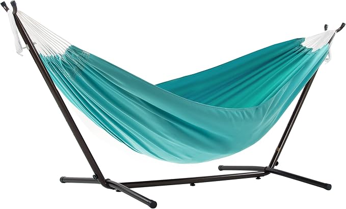 Vivere Double Hammock and Stand Combo – Durable, Comfortable, 450 lb Capacity, Heavy Duty Steel Stand, Tool-Free Assembly, Includes Carry Bag (Aruba)