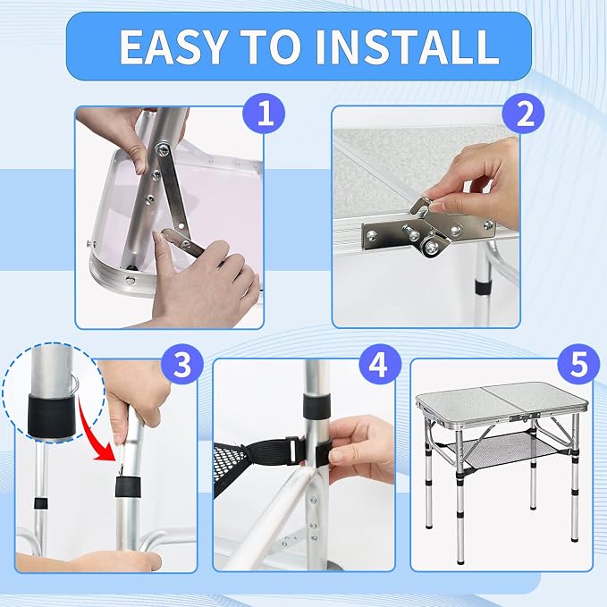 Small Folding Table with Storage Net, 24" x 16" Portable Foldable Camping Table with 3 Adjustable Height, White Metal Table for Beach, Patio, BBQ