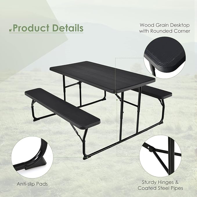 S AFSTAR Folding Picnic Table Bench Set, Foldable Picnic Table with 2 Benches, Outdoor Table and Bench W/Steel Frame & Wood-Like Texture Tabletop, Camping Table Chair Set for Garden Patio Lawn (Black)
