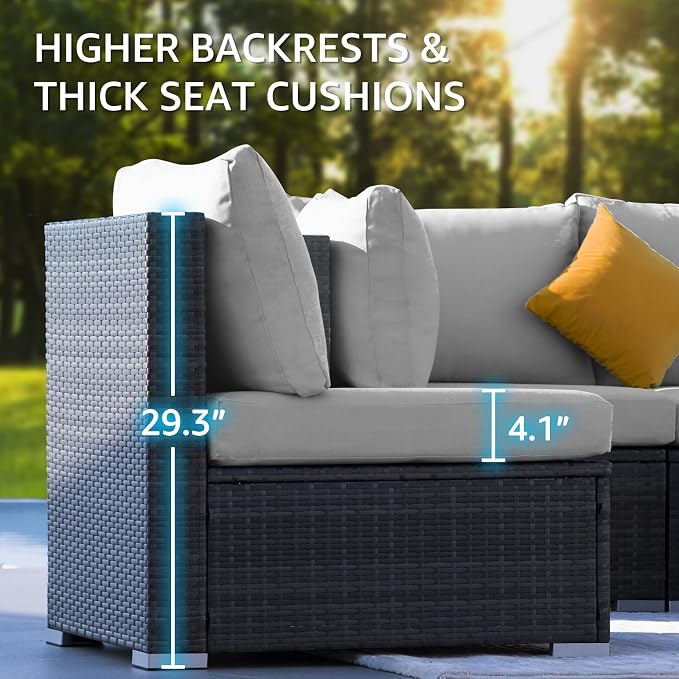 NICESOUL 13 Piece Outdoor Seating with Fire Pit Table, High-End Wicker Patio Furniture Set with Chaise Lounge, Comfy 29.3'' High Back Deep Sectional Sofa, All-Weather Backyard Sitting Area, Light Grey