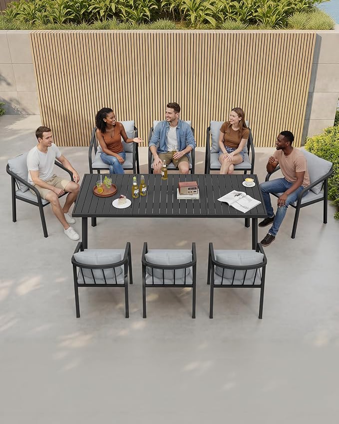 9 Pieces Patio Dining Set, Never-Rust Aluminium Patio Table and Chairs for 8, Outdoor Dining Set with Rectangle Table, Outdoor Dining Chairs with Removable Cushions for Poolside, Garden, Black
