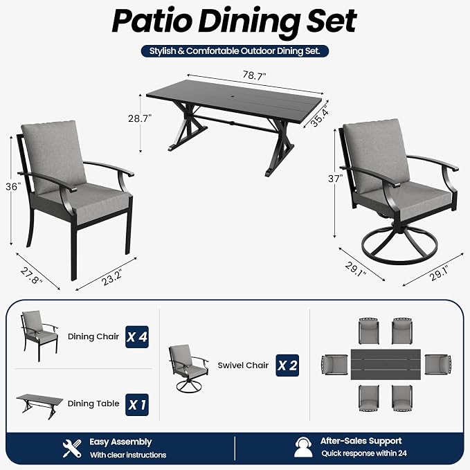 7 Piece Outdoor Dining Set for 6, Metal Patio Table and Chairs with Cushions, Patio Furniture Set with 2 Swivel Chairs, Rectangular Metal Dining Table with Umbrella Hole, Lawn Deck Yard-Grey