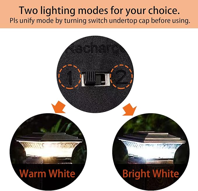 HUYIENO Solar Post Cap Lights Outdoor LED Lighting Deck Fence Cap Light Two Light Modes Warm White/Bright White Suitable for 4x4 Wooden Posts Black 4PK