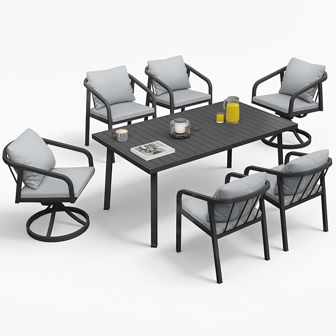 7 Pieces Outdoor Dining Set, Never-Rust Aluminum Patio Swivel Dining Set for 6, Outdoor Furniture Set with 2 Swivel Chairs, 4 Dining Chairs, Patio Table Set for Commercial, Deck, Garden, Black