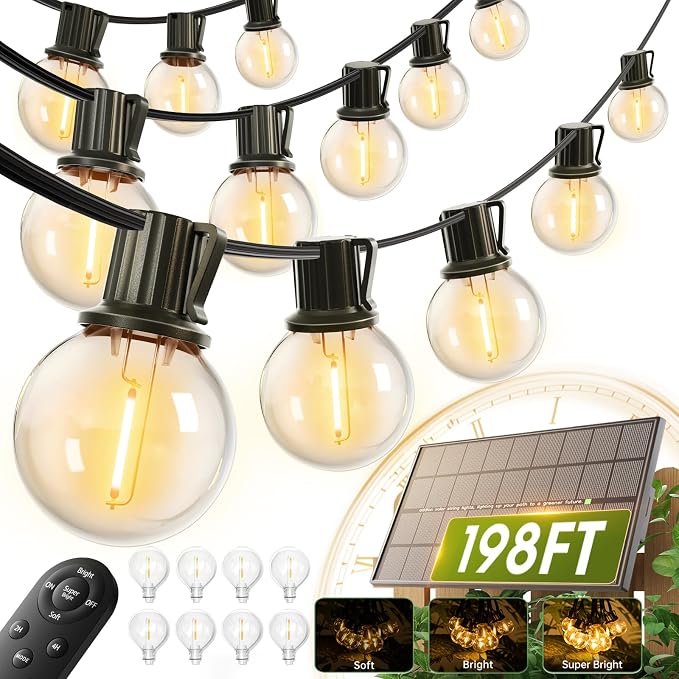 addlon 198FT Solar String Lights Outdoor, with 104 Waterproof LED Bulbs | Dimmable, Remote, 3 Modes, Shatterproof, Spaced 2FT, Easy Install, Ideal for Large Backyard, Garden, Wedding, Party, Camping