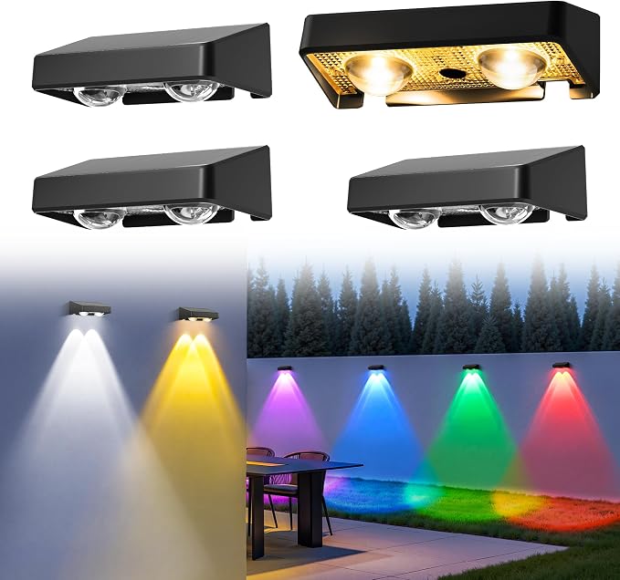 Solar Fence Lights Outdoor, Color Changing, Waterproof IP65, 4 Pack | 11 Modes, 9 Colors 50 LM Solar Lights Waterproof with LED Focus Lens for Wall Backyard Deck Patio Porch Step Pool Decor