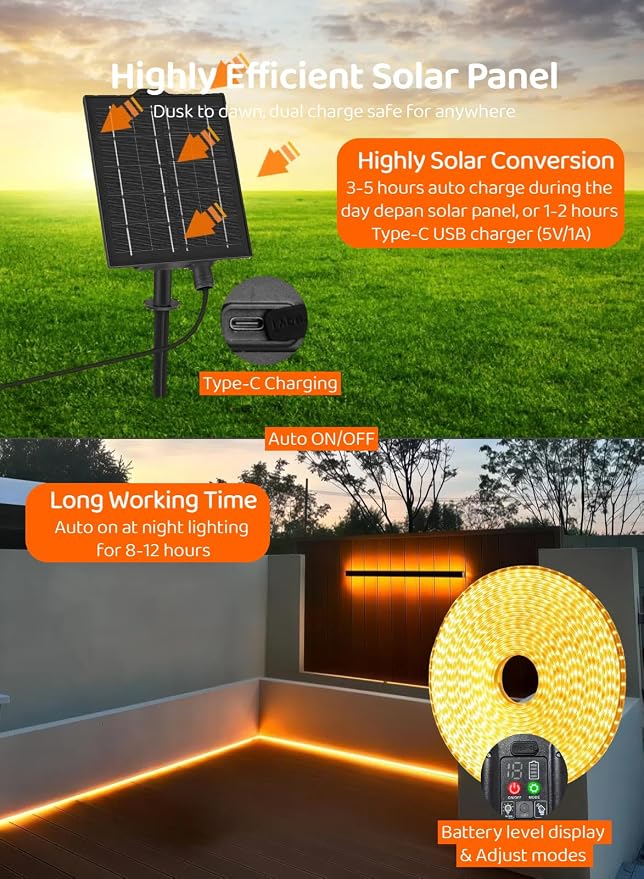 Gaoxun 32.8ft Solar LED Strip Lights Outdoor, 640 LED, Warm White Flexible Tape Light with Remote Control, Dimmable, 8 Modes, IP68 Waterproof Rope Lights Self-Adhesive for Garden Patio Camping Decor