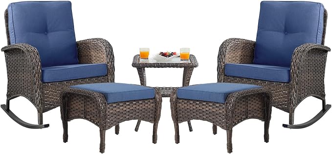 Belord Patio Rocking Chairs Furniture Set - 5 Piece Outdoor Wicker Furniture Sets with Ottomans, Small Patio Conversation Sets with Wicker Rocking Chairs Brown/Blue