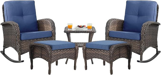 Belord Patio Rocking Chairs Furniture Set - 5 Piece Outdoor Wicker Furniture Sets with Ottomans, Small Patio Conversation Sets with Wicker Rocking Chairs Brown/Blue
