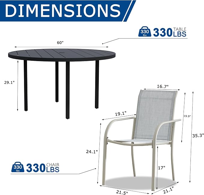 9 Pieces Patio Dining Set for 8, Beige Blue Patio Stackable Chairs and Black Round Table Set of 8, Outdoor Furniture Set with Sling Support for Outside, Garden