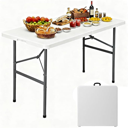 ZenStyle 4 ft Indoor Outdoor Heavy Duty Plastic Folding Table Portable Picnic Table Fold-in-Half Utility Table w/Handle and Steel Legs for Camping, Dining, Party, White