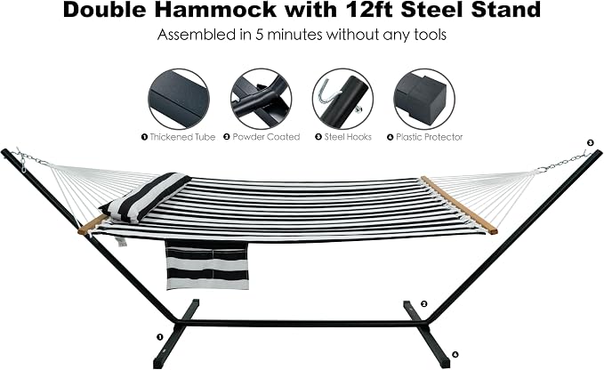GAFETE 2 Person Hammock with Stand for Outside, Heavy Duty Steel Stand, Double 55inch Hammocks, Large Removable Pillow, Storage Bags, Max 475 lbs Capacity (Stripe Black-White)