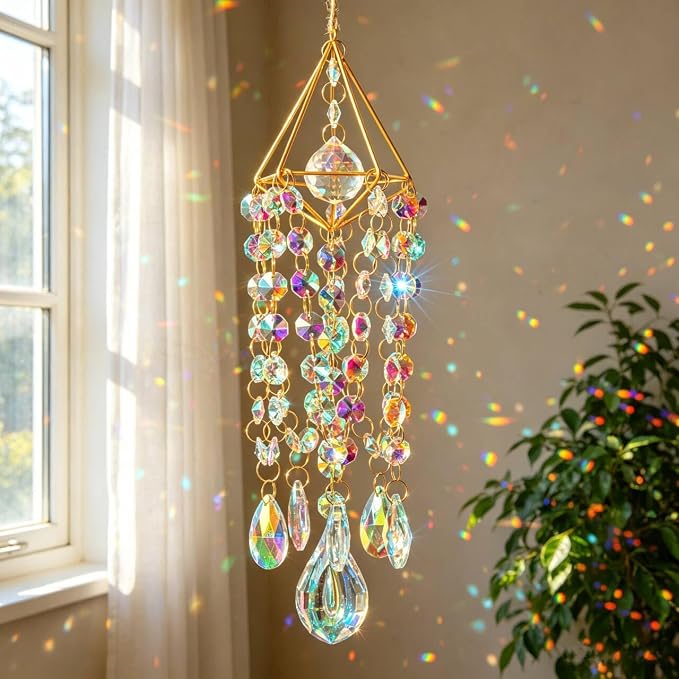 Crystal Suncatchers for Window Hanging Rainbow Maker Sun Catchers Indoor | Glass Wind Chime Garden Sun Catchers with Crystals Prisms,Whimsical Decor For Home,Handmade Gold Plated,With String & Hook