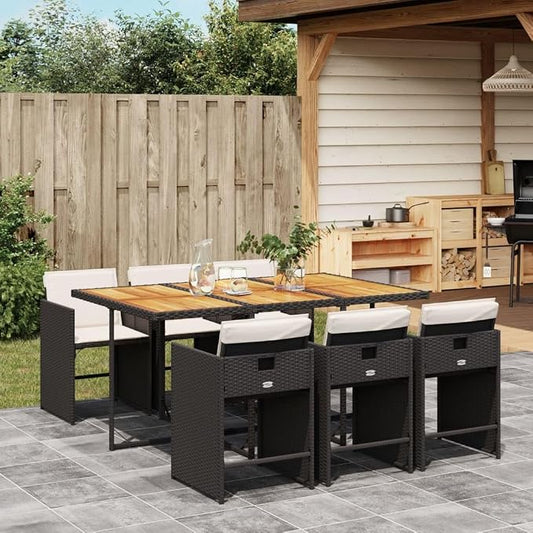 7-Piece Patio Dining Set with Cream Cushions Black PE Rattan Outdoor Furniture for Garden Backyard Balcony