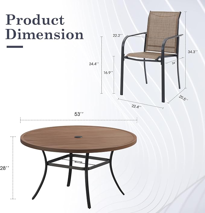 Patio Table and Chairs Set for 8, Outdoor Dining Set with 8 Stackable Dining Chairs and 53" x 53" Metal Slatted Round Dining Table for Porch, Deck, Lawn, Garden, Brown & Walnut