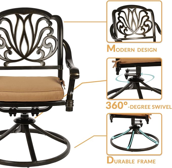 7-Piece Outdoor Patio Dining Set, 60” Rectangular Cast Aluminum Dining Table with Umbrella Hole and 6 Cushioned Swivel Rocker Chairs, Patio Funiture Set for Backyard, Patio, Garden