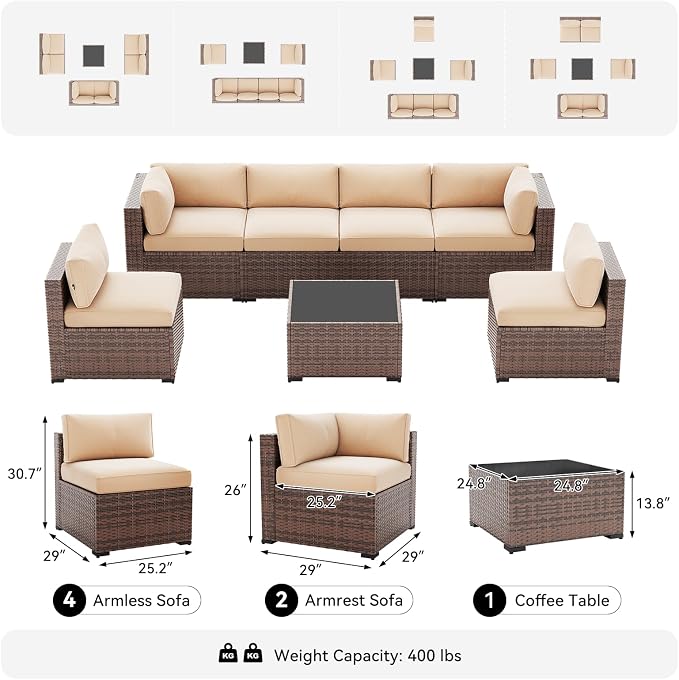 LazySunsets 7-Piece Patio Furniture Set, Wicker Rattan Outdoor Furniture with Thick Cushions, Patio Conversation Sets with Coffee Table, Outdoor Sectional Couch Sofa, Beige