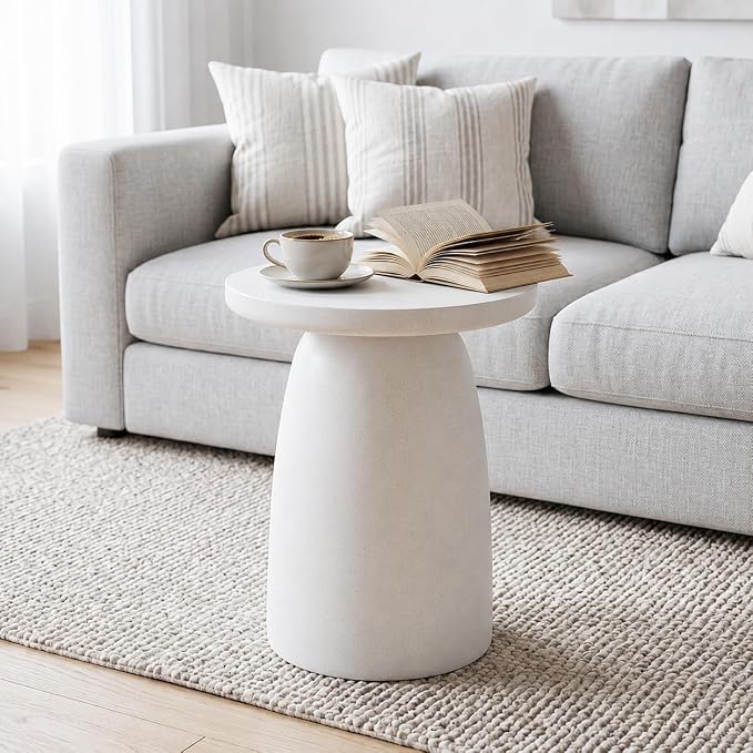 SUNBURY Outdoor Side Table, 22" H Concrete End Table Pebble Shaped, Lightweight Round Accent Table, Decorative Coffee Table, Garden Planter Stand for Patio, Porch, Living Room Decor, Spotted White