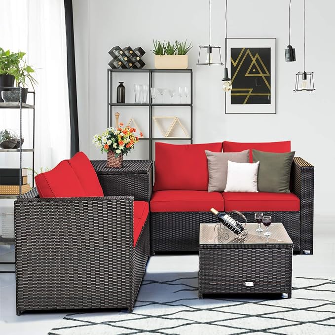 Tangkula 4 Piece Wicker Patio Set with Storage, All Weather-Proof Outdoor Conversation Set, with Loveseat, Glass Top Coffee Table & Storage Box, Suitable for Garden, Poolside, Sunroom (1, Red)