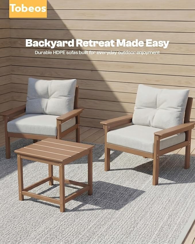 HDPE 7 Piece Patio Furniture Set, All-Weather Outdoor Couch Set with Thick Cushions & Coffee Table & Side Table, Patio Conversation Sets for Lawn, Garden, Porch, Balcony, Deck, Teak & Beige