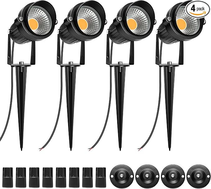 LightingWill 5W LED Landscape Lights, Warm White 3000K-3500K, Waterproof DC 12V COB LED Outdoor Wall Spotlight Low Voltage Garden Tree Spot Lighting for,Yard,Pathways,Fence (4 Pack)